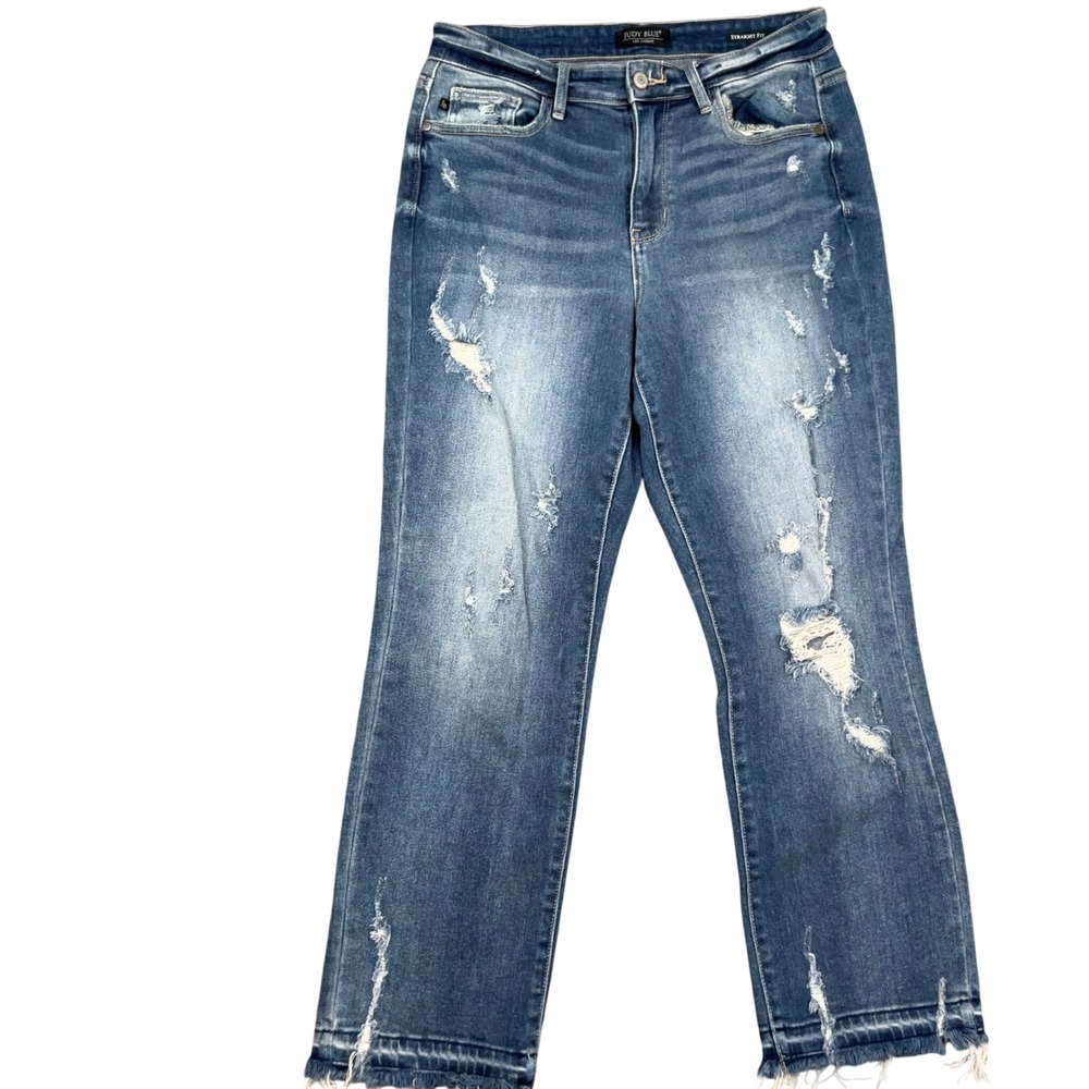 Judy Blue LA Jeans 5/27 Blue JB82436MD Distressed Straight Fit Frayed Hem Crop